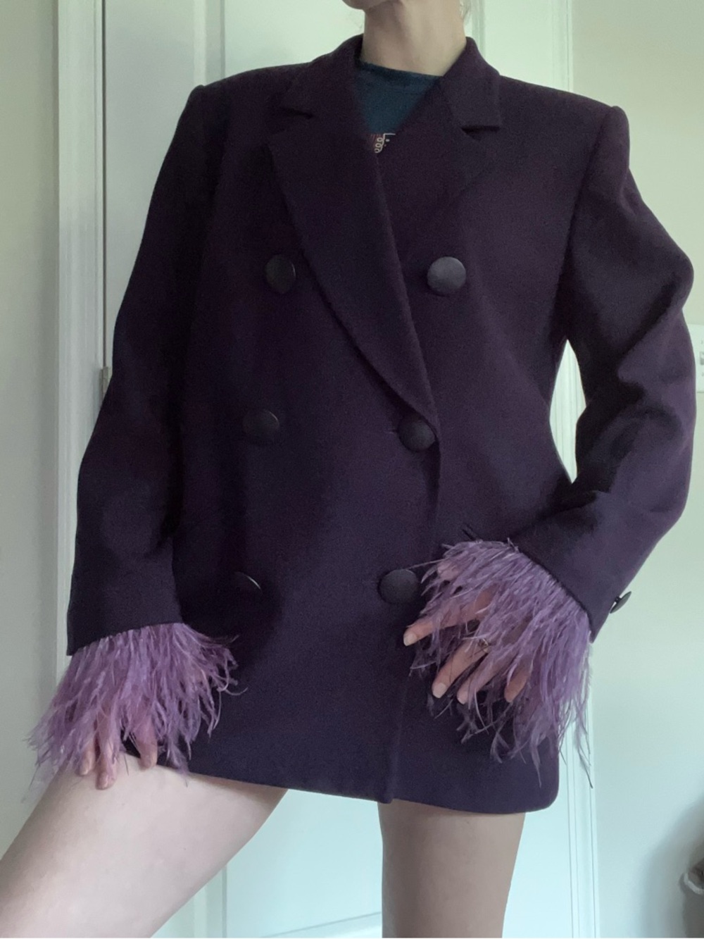 Vintage Dior Dark Plum Double-Breasted Wool Blazer with Feather Trim Cuffs